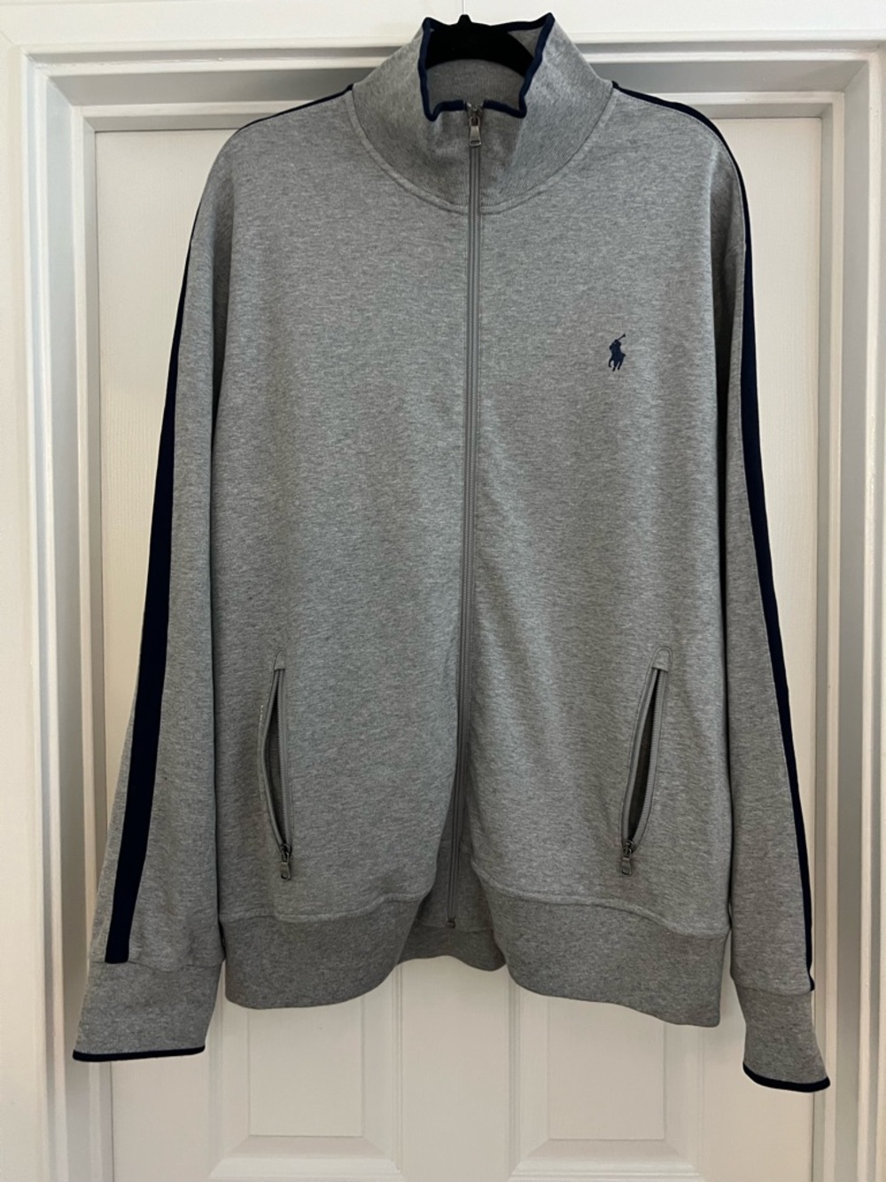 Polo Ralph Lauren Grey Track Jacket Full Zip Navy Stripe Sleeve